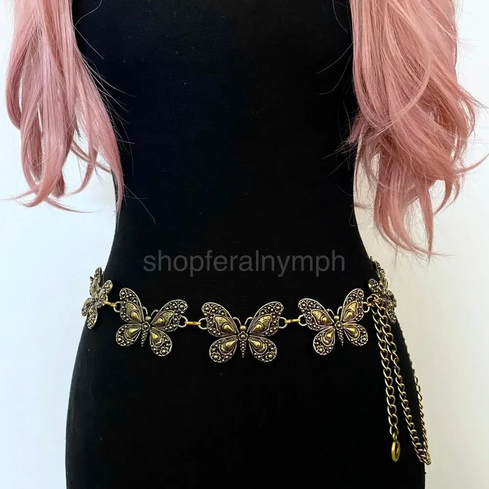 Antique Gold Y2K Butterfly Fairycore Chain Belt, Fits 15-46 Inches, X7GA1273